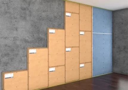 Бескаркасная система звукоизоляции стены с применением Соноплат Комби и акустического гипсокартона, толщина слоя 35 мм