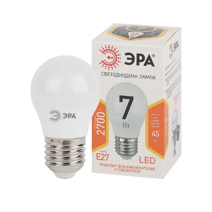 Лампа светодиодная ЭРА STD LED P45-7W-827-E27 E27 7Вт шар 2700К