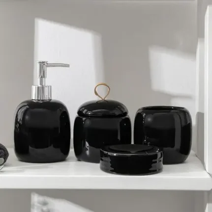 Фото для Набор аксессуаров для ванной комнаты Monro, 4 предмета (мыльница, дозатор для мыла 450 мл, стакан, баночка), чёрный, 6073216