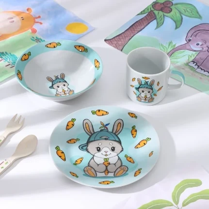 Фото для Набор детской посуды из керамики в ассортименте, 3 предмета: кружка 230 мл, миска 400 мл, тарелка d=18 см, цвет белый