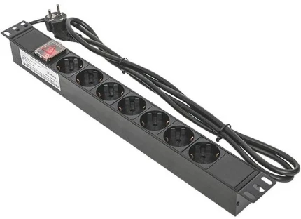 Фото для Блок розеток PDU TERACOM 19"1U 16А/250В, 7 розеток Shuko с выкл. шнур 2м, 3х1,5мм2, вилка Shuko, EKF