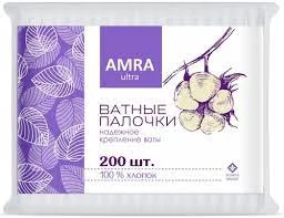 Палочки ватные AMRA ( 100%хлопок) пакете, 200 шт.