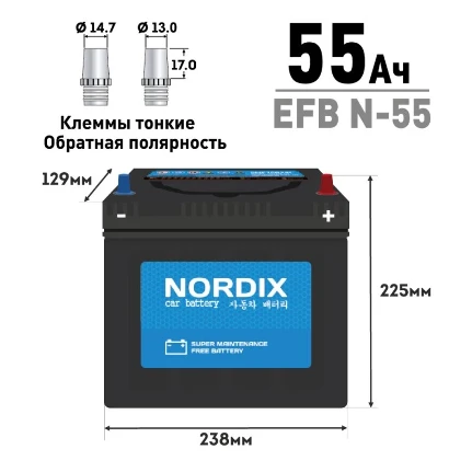 Фото для Аккумулятор Nordix N-55/70B24L, 55Ач, CCA 460А, необслуживаемый, технология EFB