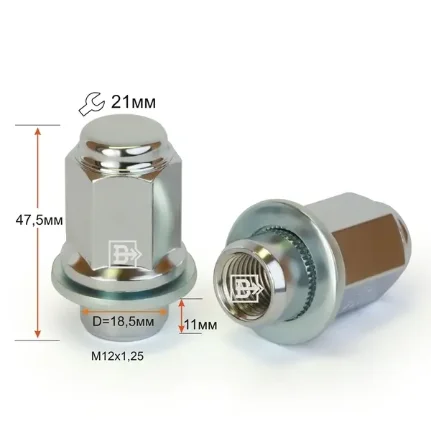 Фото для Гайка Cr M12X1,25 Хром высота 47 мм Прессшайба Nissan, носик 18,5мм закр.ключ 21мм 724844Cr