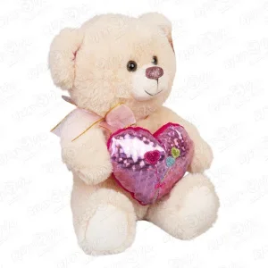 Фото для Игрушка мягкая медведь бежевый с блестящим розовым сердцем 28см