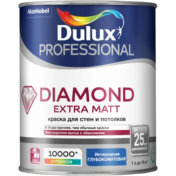 Краска в/д для стен и потолков глубокоматовая Dulux Diamond Extra Matt BW 2,5 л AkzoNobel