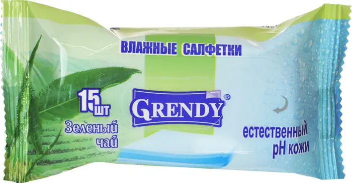 Салфетки влажные (1уп=15 шт) зеленый чай Grendy