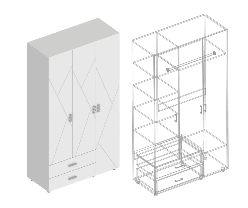 Шкаф Сандра 3-ств с 2 ящиками (Белый лофт)