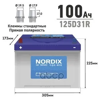 Фото для Аккумулятор 6ст-100 А/Ч 125d31r Nordix Не Обслуж. Пусковой Ток: 830 А 310x170x200 NORDIX арт. SMF125D31RNDX