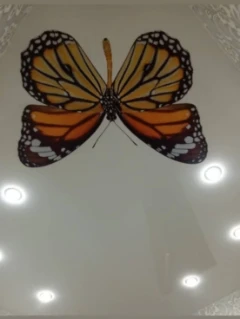 Глянцевый натяжной потолок с фотопечатью и встроенными светильниками.