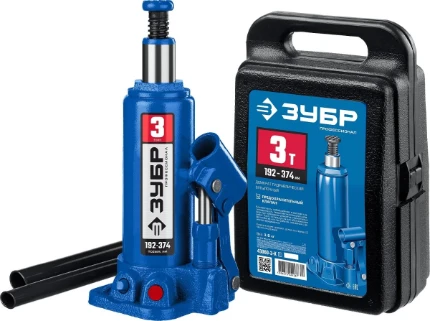 Фото для ЗУБР 3 т, 194 - 372 мм, бутылочный гидравлический домкрат в кейсе, Профессионал (43060-3-K)