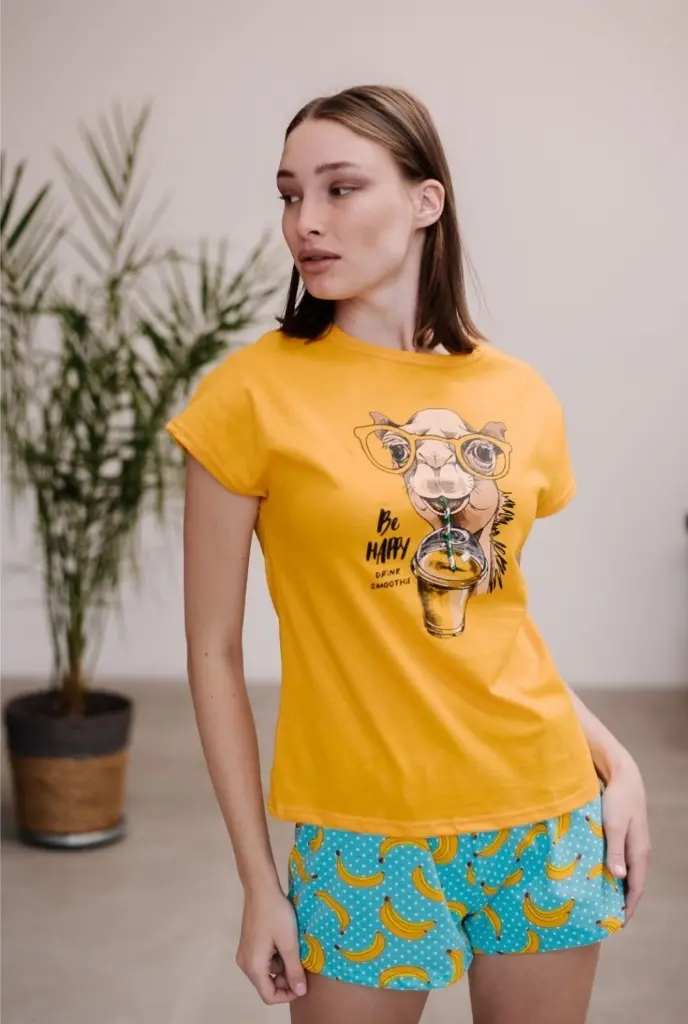Пижама женская футболка шорты хлопок кулирка лайкра принт фрукты