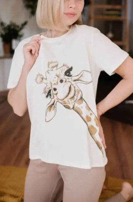 Пижама со штанами футболка хлопок женская Жираф