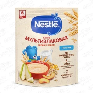 Фото для Каша Nestle молочная мультизлаковая груша-персик 200г с 6мес БЗМЖ