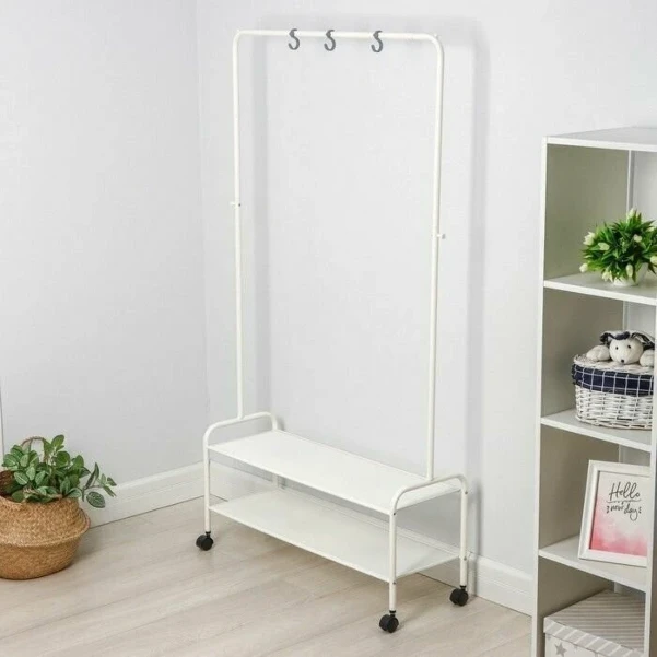 Фото для ВАЛЕНСИЯ 22М Вешалка гардеробная на колесиках с 2 полками, белый. 162х70х30см